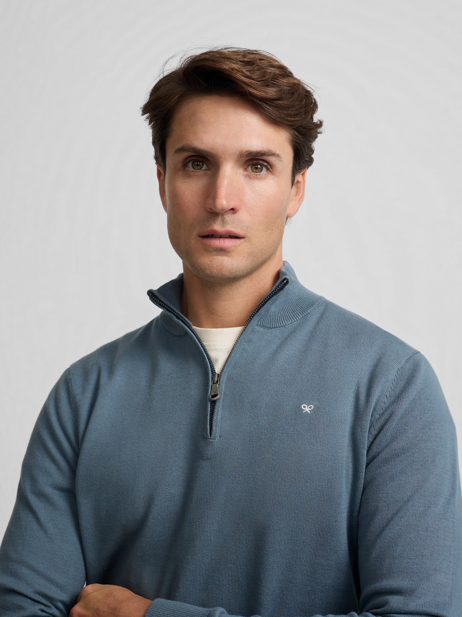 Pull uni à demi-zip bleu pétrole
