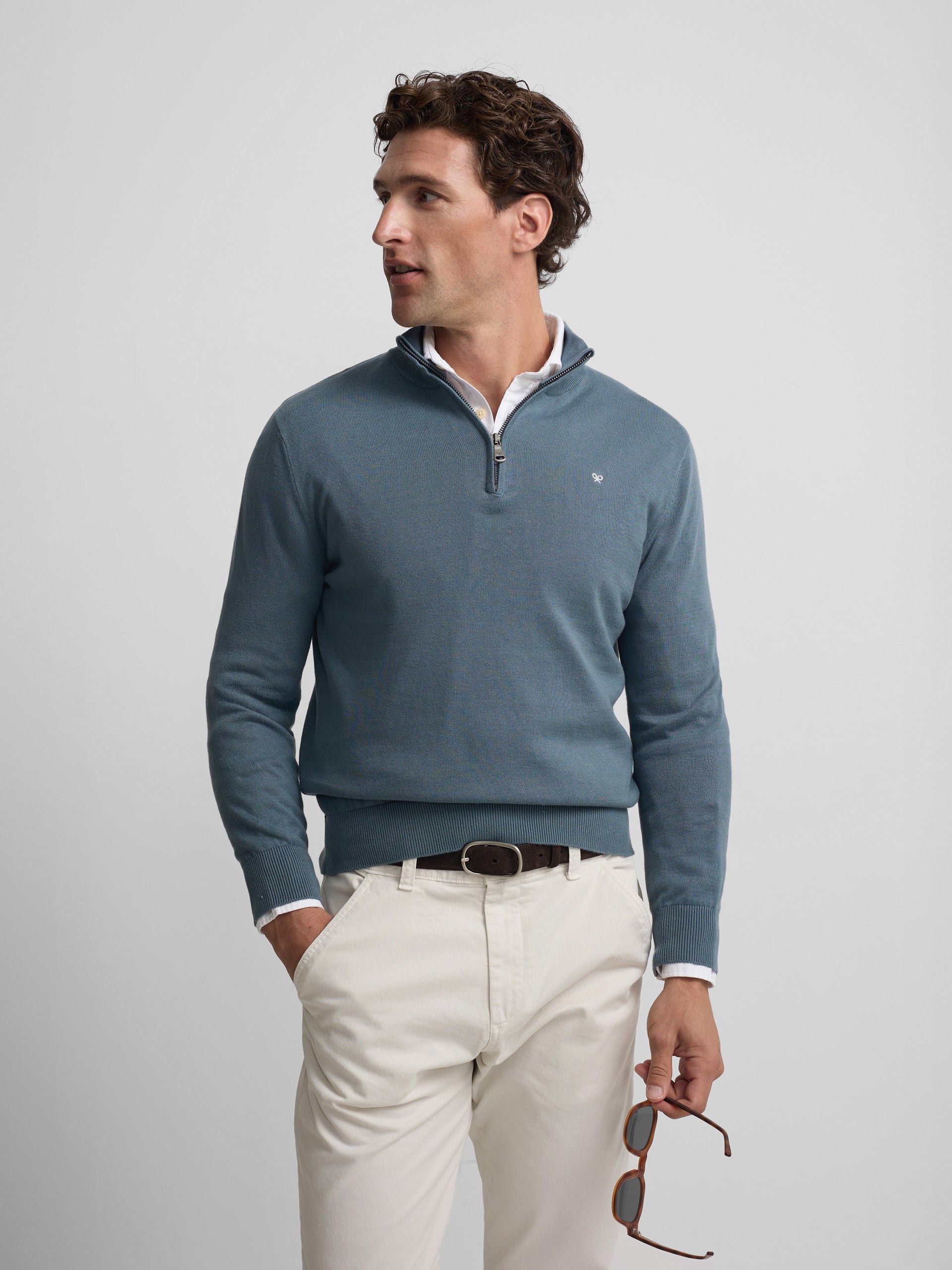 Jersey liso media cremallera azul petroleo