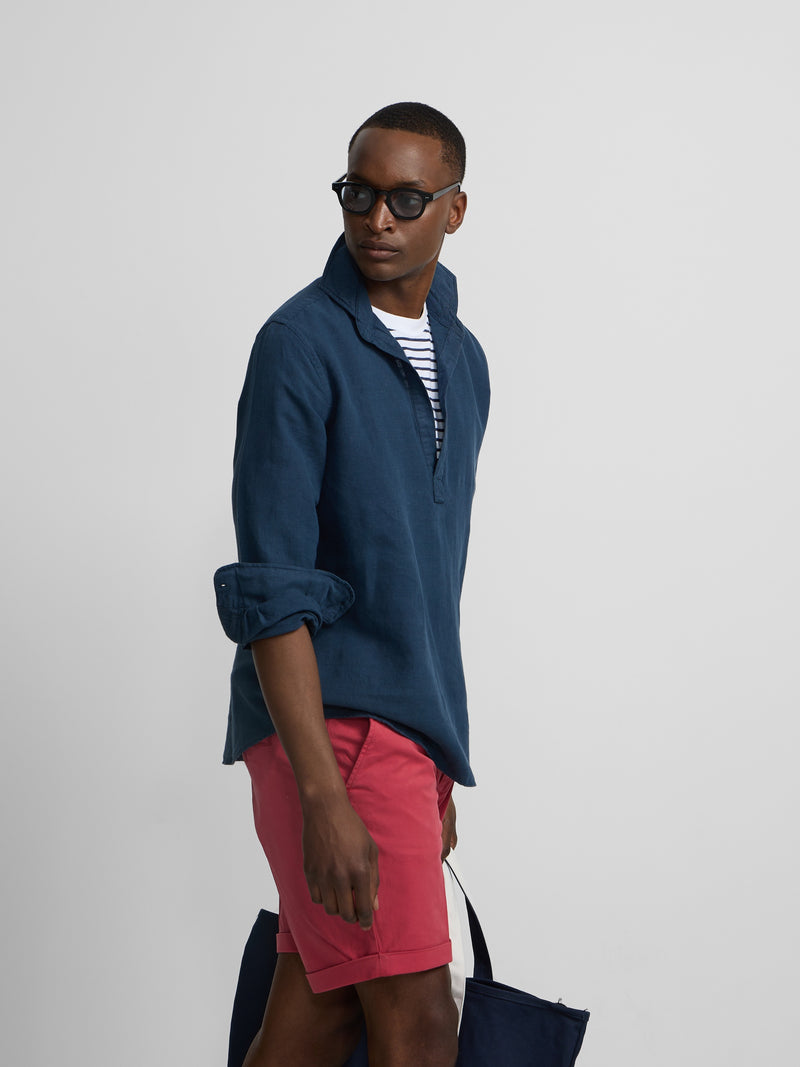 Chemise en lin uni bleu marine