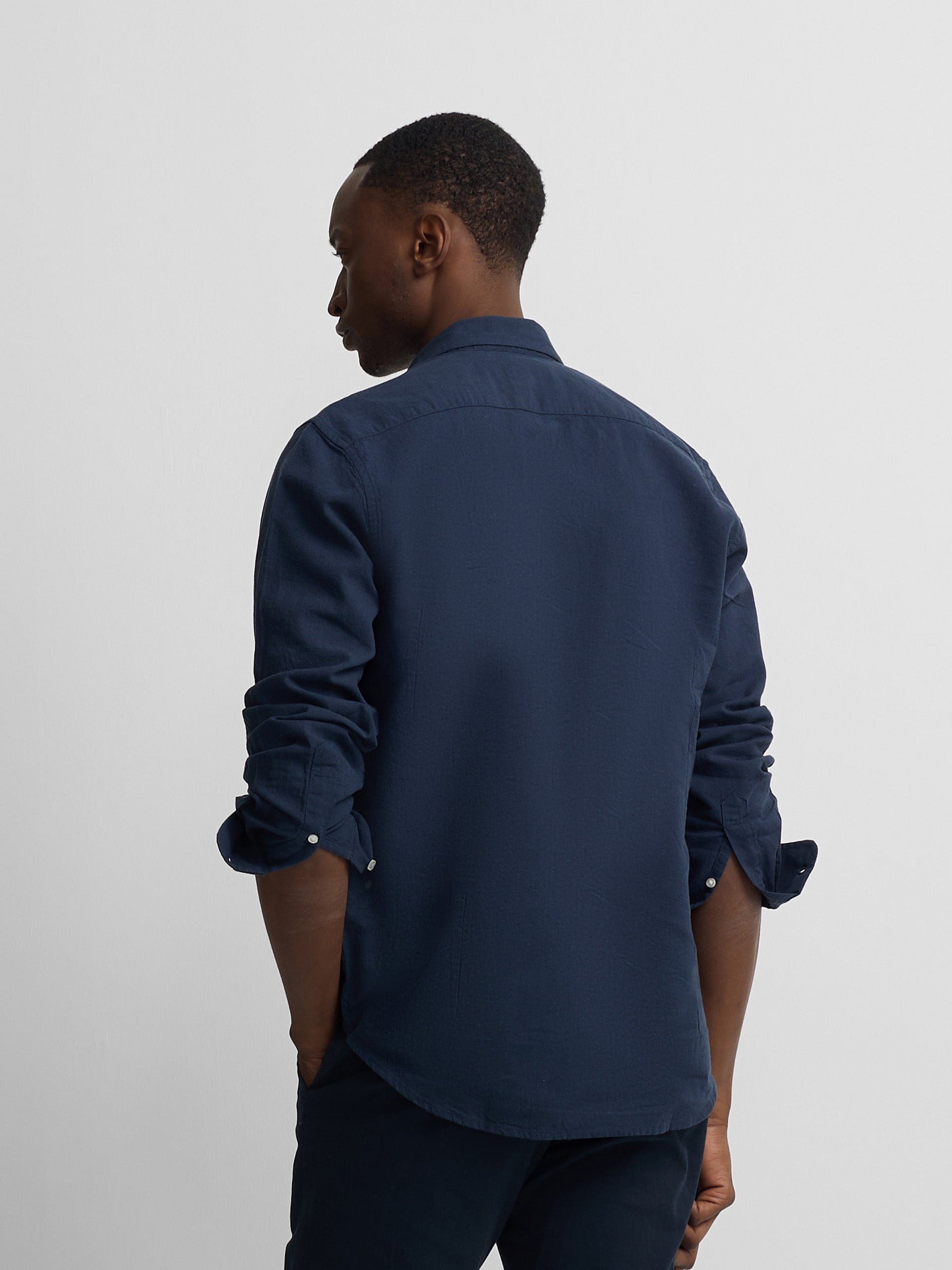 navy blue linen sport shirt