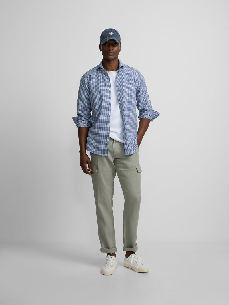 Indigo blue checked linen sport shirt