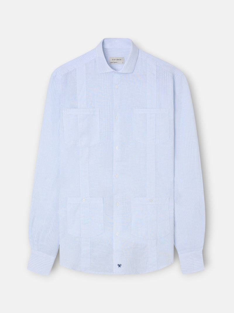 Guayabera desportiva de linho às riscas azul celeste