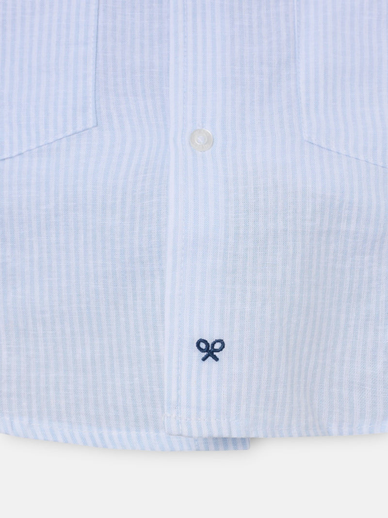 Guayabera desportiva de linho às riscas azul celeste