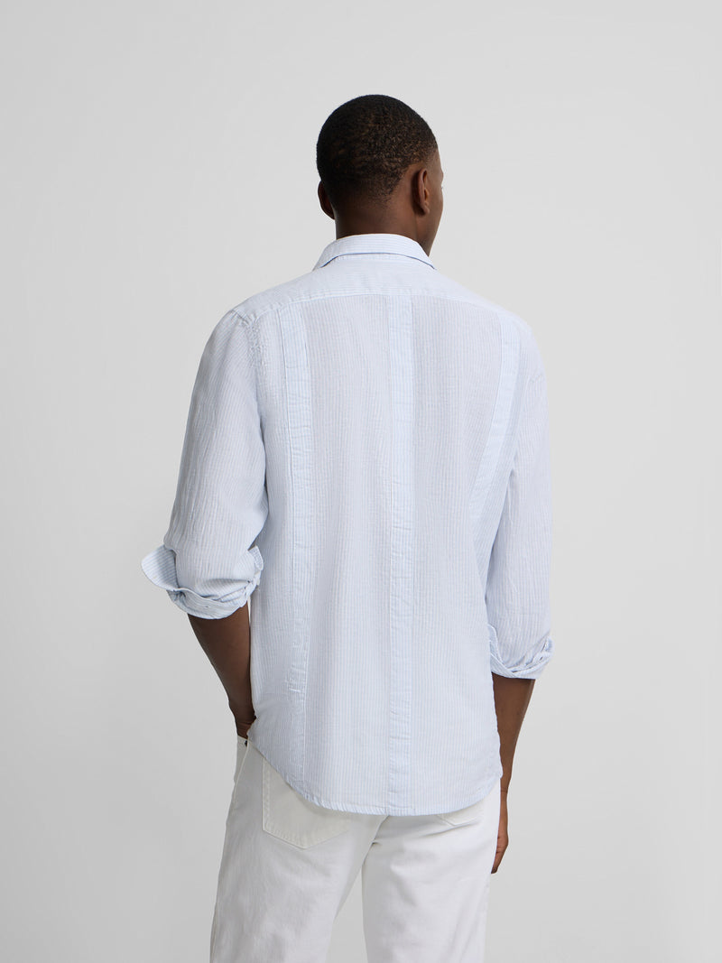 Guayabera desportiva de linho às riscas azul celeste