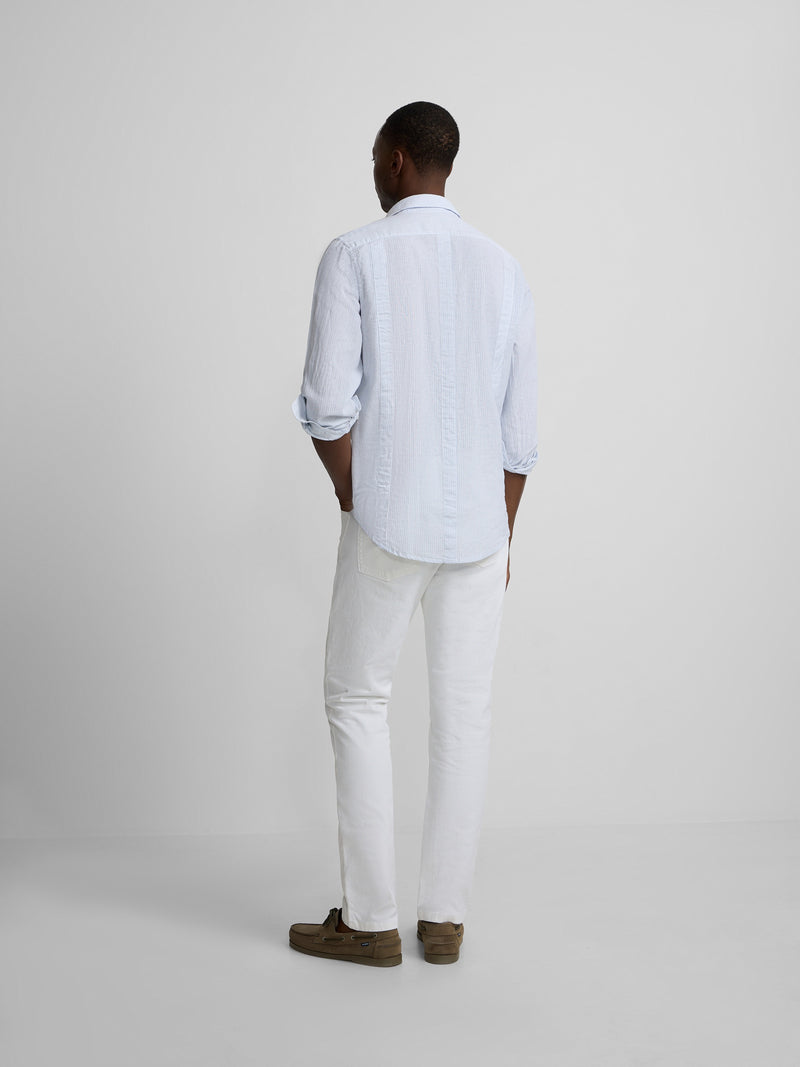 Guayabera desportiva de linho às riscas azul celeste