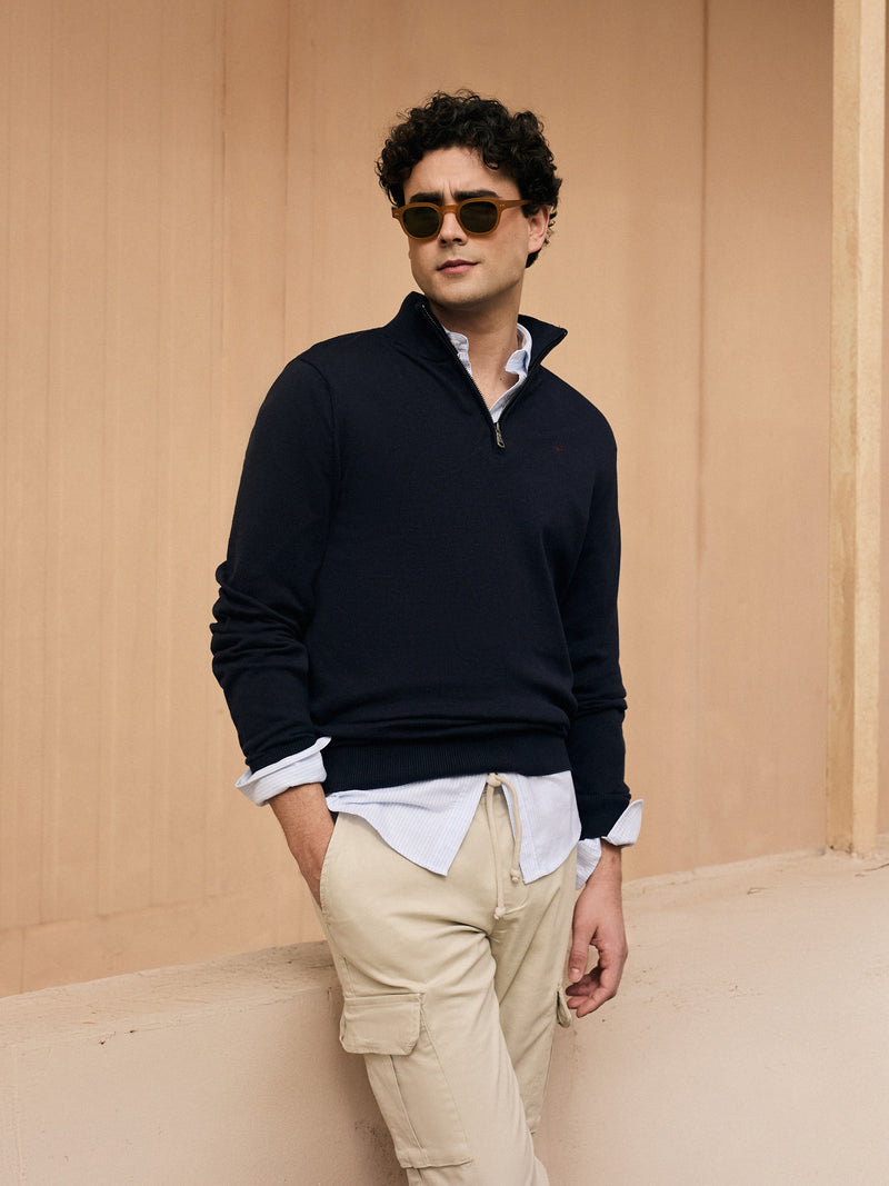Plain navy blue half-zip sweater