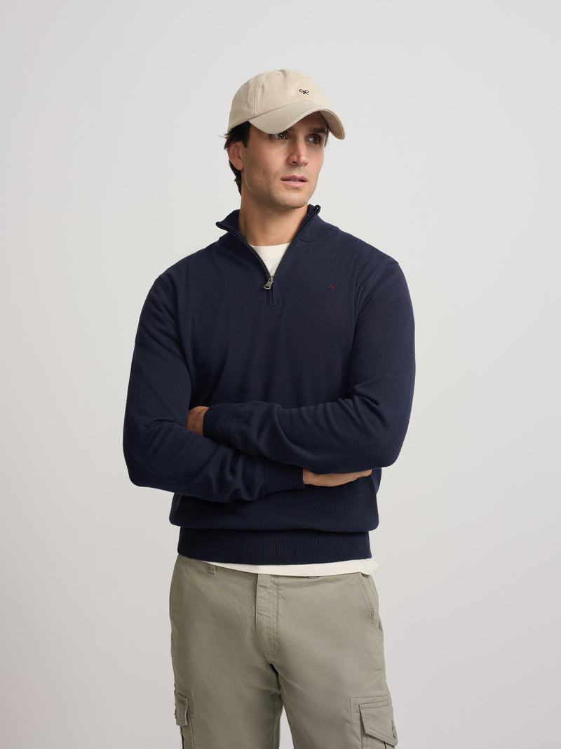 Plain navy blue half-zip sweater