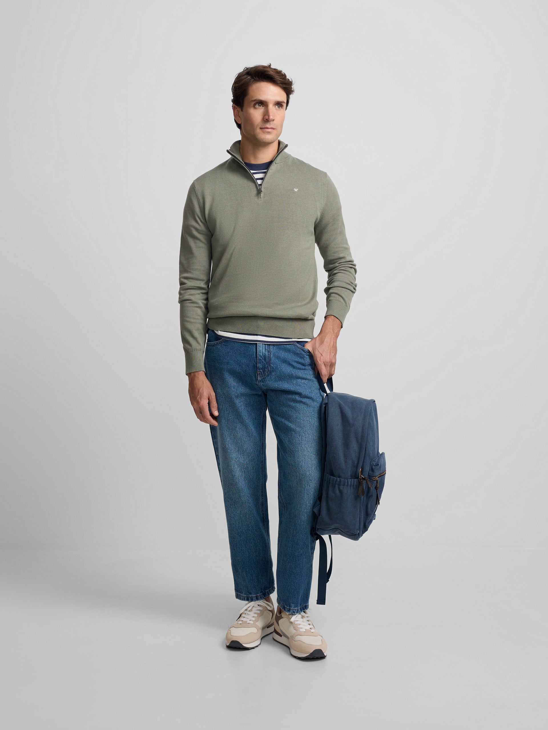 Camisola lisa com fecho de meio comprimento verde cinza