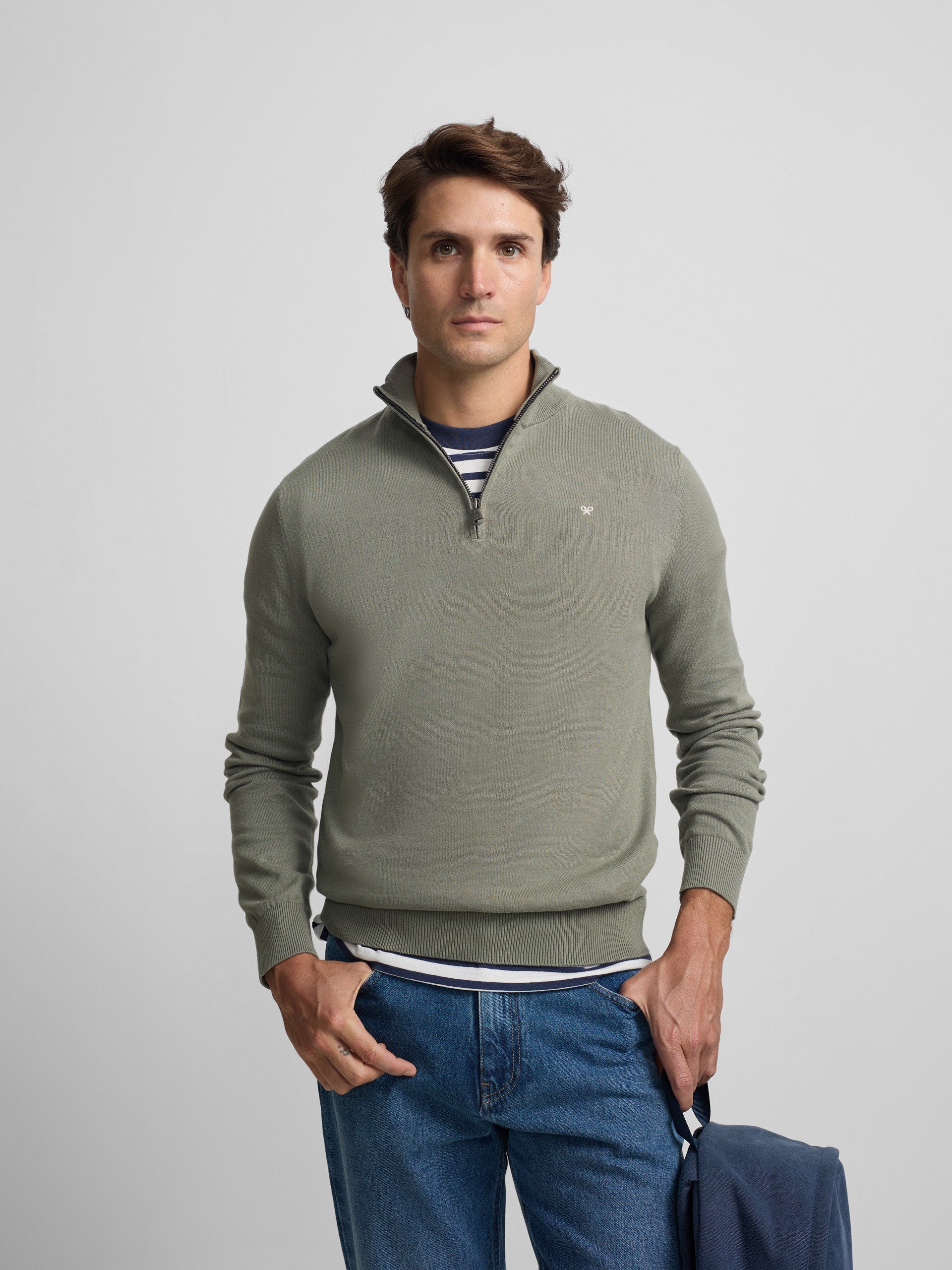 Camisola lisa com fecho de meio comprimento verde cinza