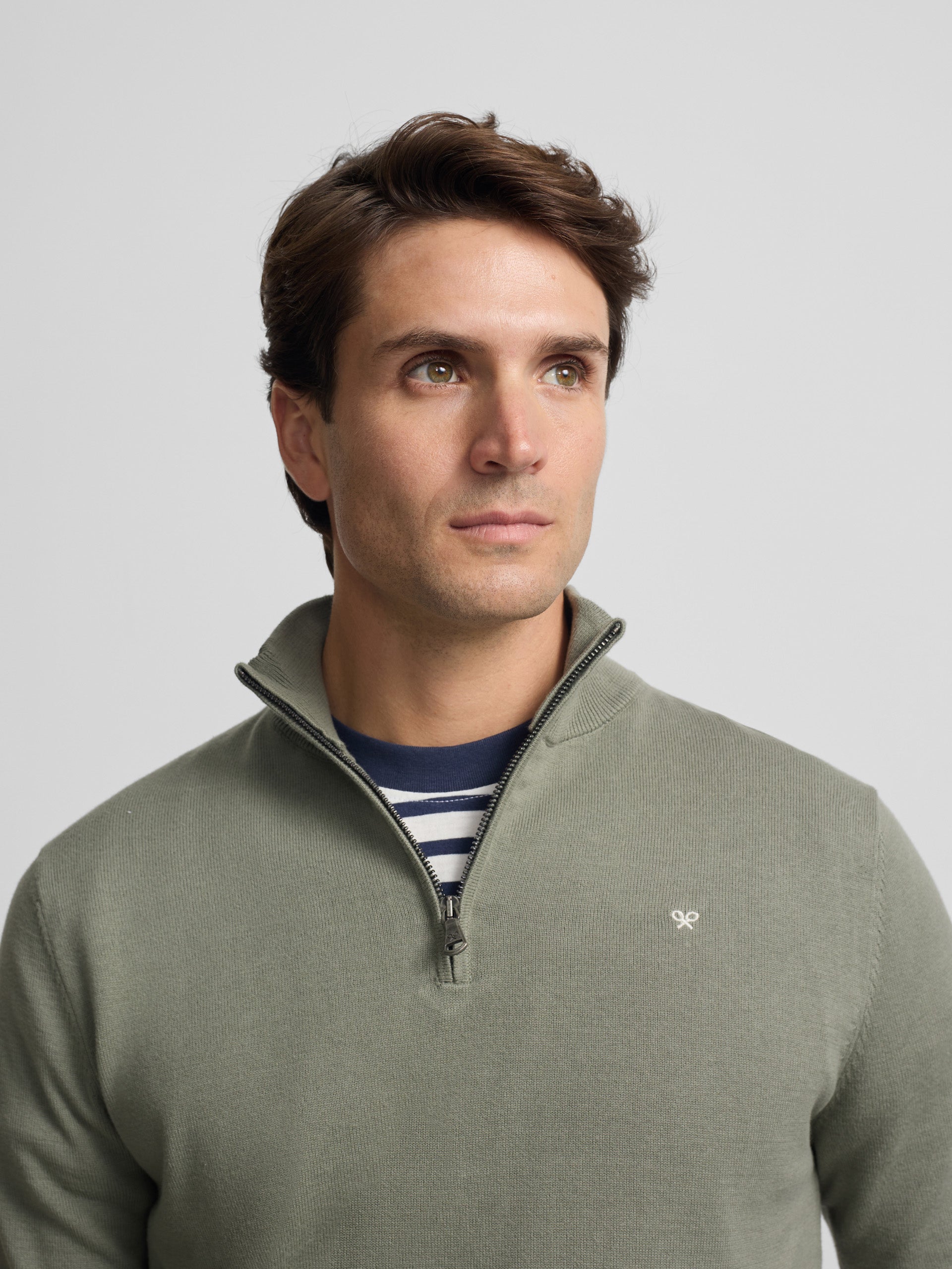 Camisola lisa com fecho de meio comprimento verde cinza