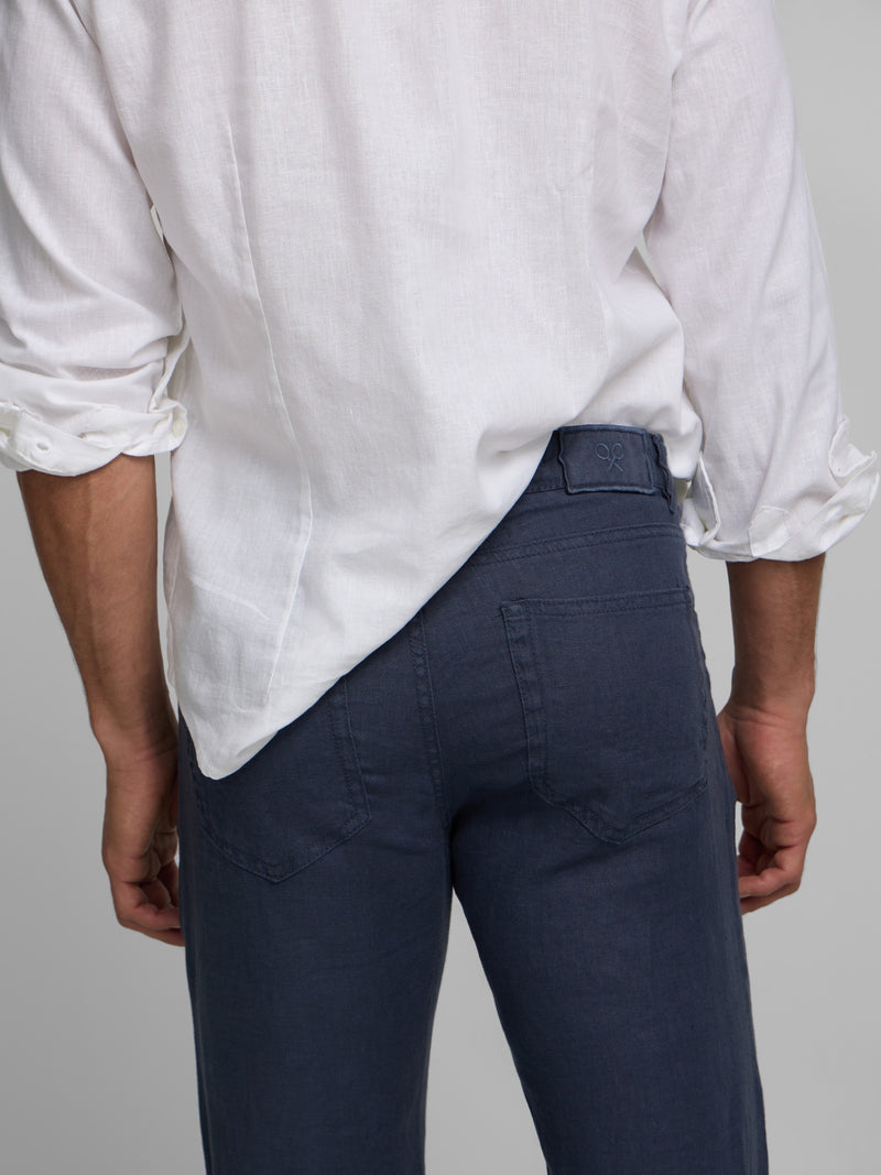 Pantalon sport cinq poches en lin bleu indigo