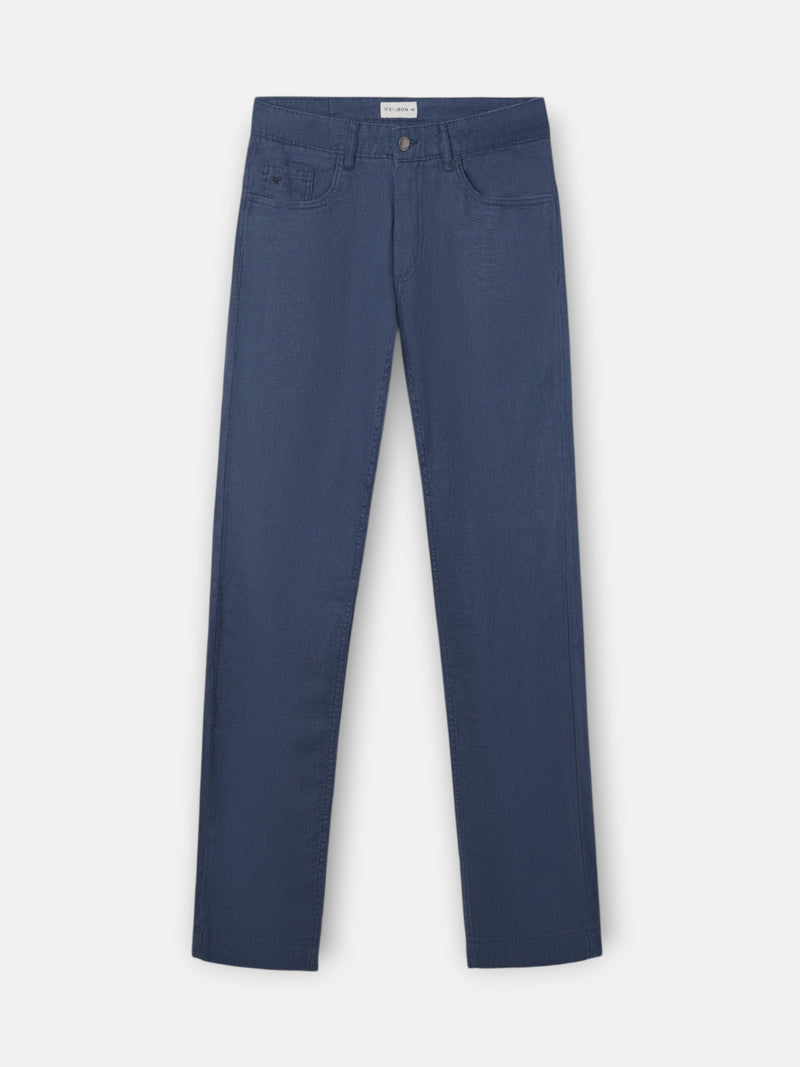 Pantalon sport cinq poches en lin bleu indigo