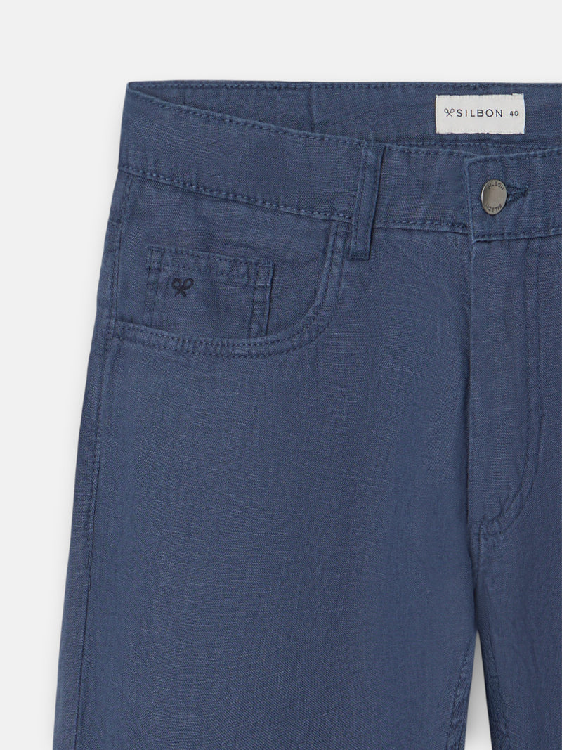 Pantalon sport cinq poches en lin bleu indigo