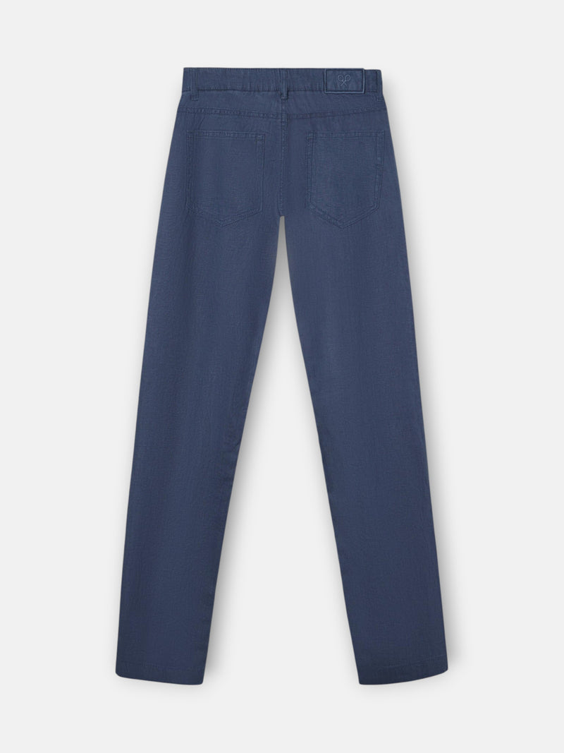 Pantalon sport cinq poches en lin bleu indigo