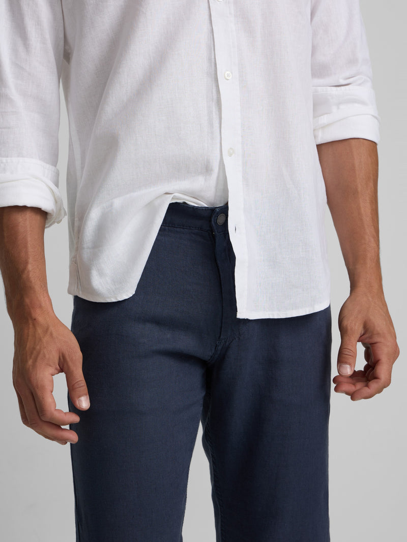 Pantalon sport cinq poches en lin bleu indigo