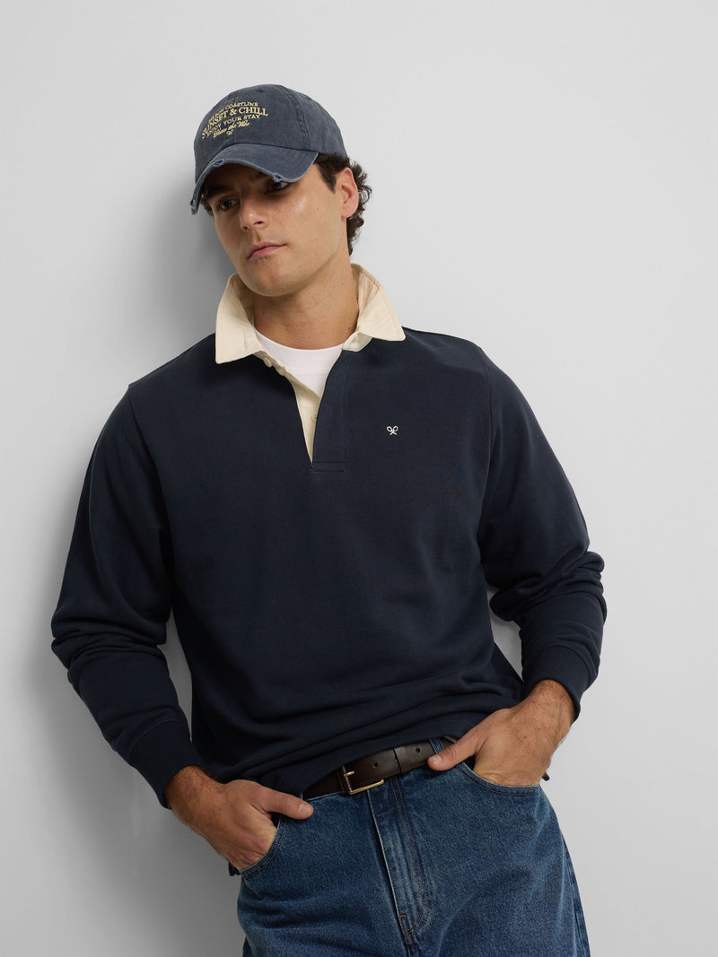 Sweat-shirt basique col polo bleu marine