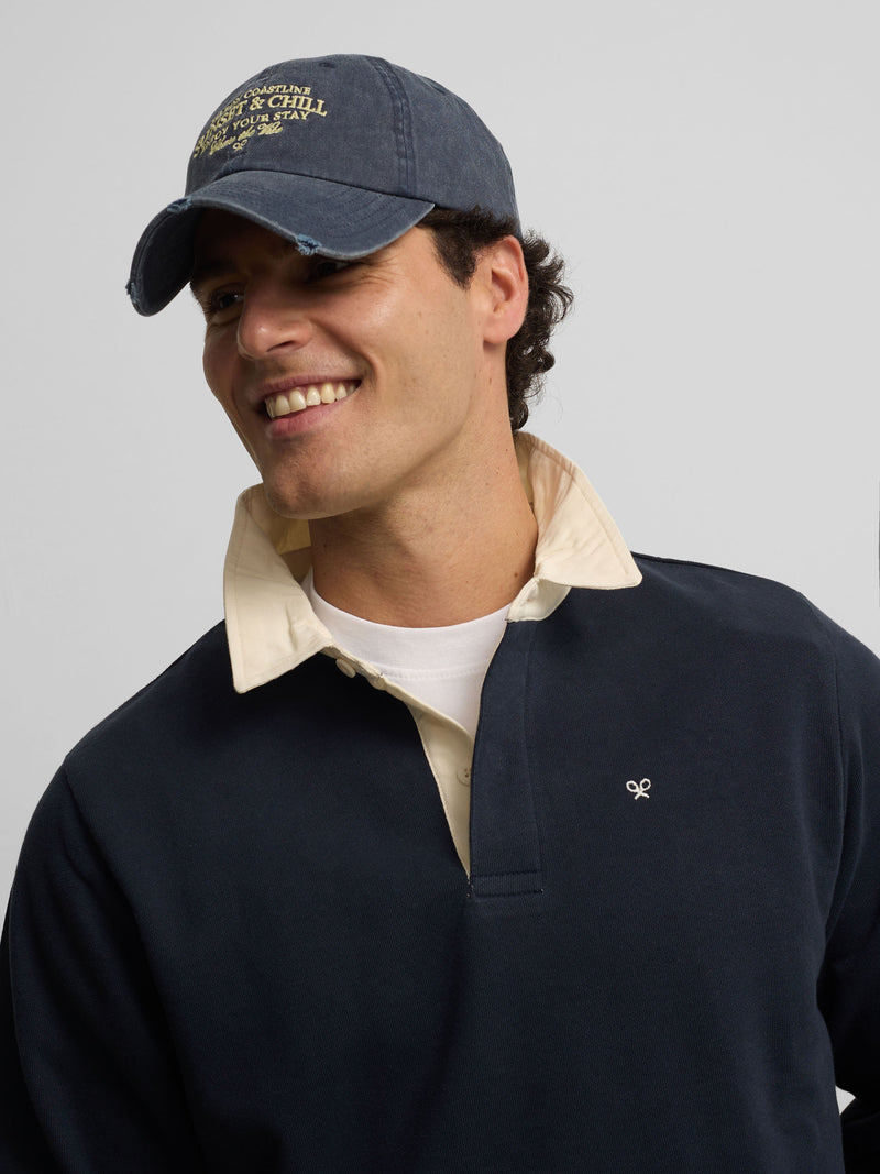 Sweat-shirt basique col polo bleu marine