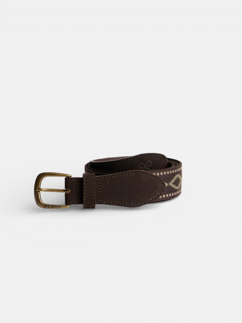Brown leather belt with ethnic pattern