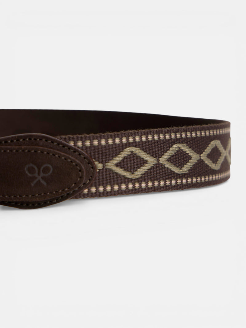 Brown leather belt with ethnic pattern