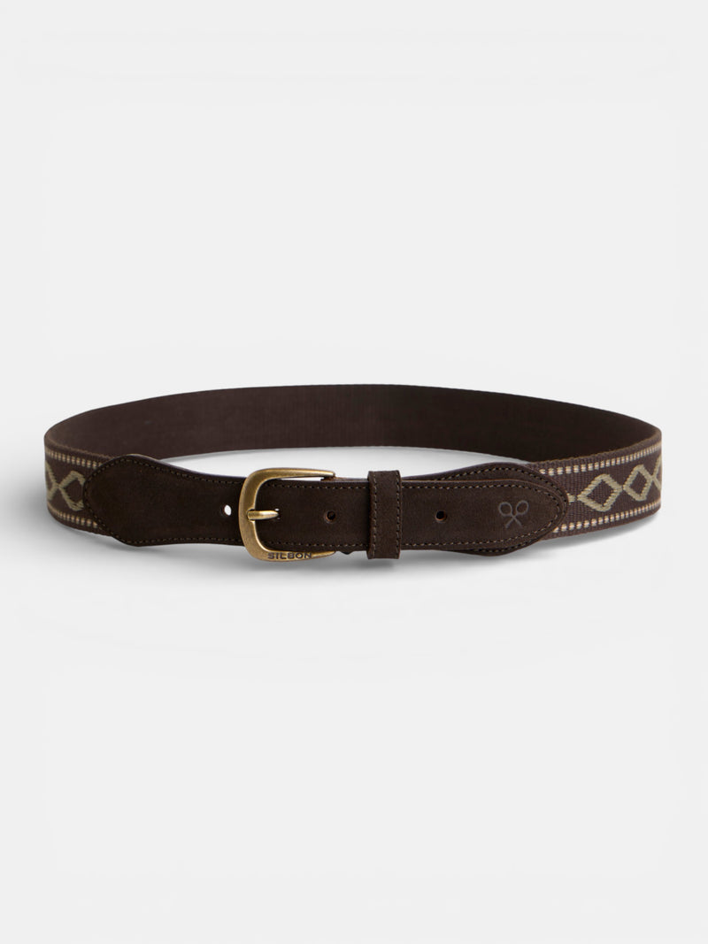Brown leather belt with ethnic pattern