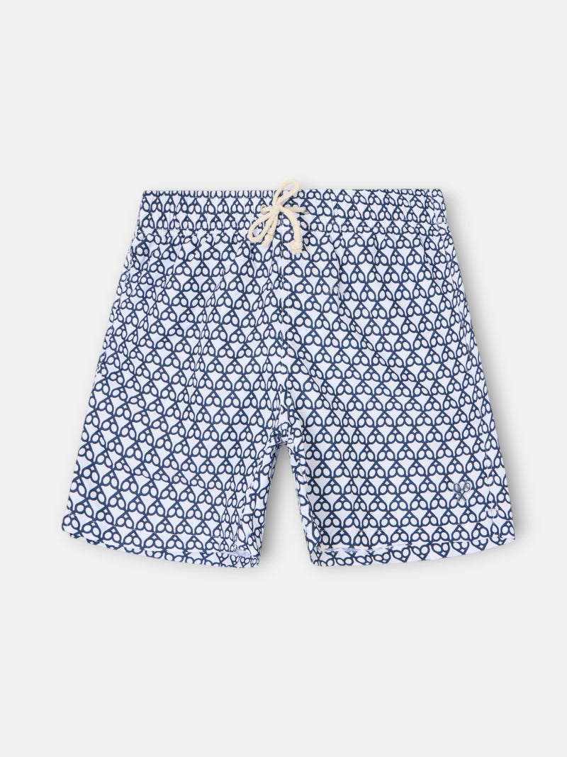 Geometric Navy Blue Racket Swim Shorts