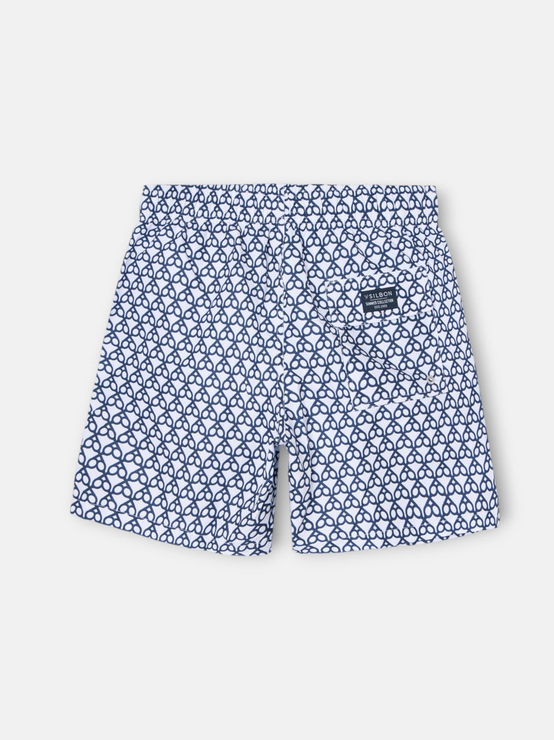 Geometric Navy Blue Racket Swim Shorts