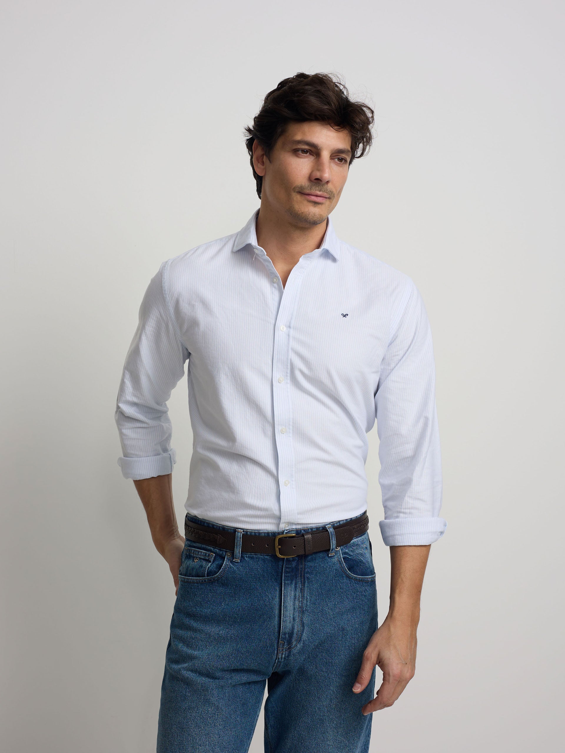 Camisa sport clássica riscas azul-claro