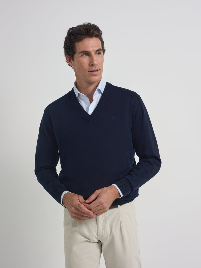 Navy blue V-neck business sweater