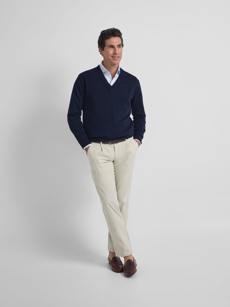 Navy blue V-neck business sweater