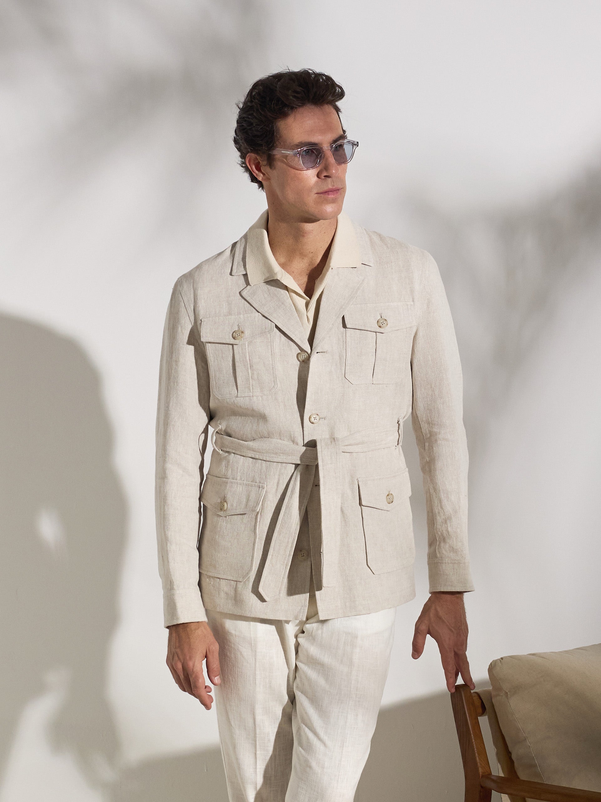 Unique beige safari jacket with belt