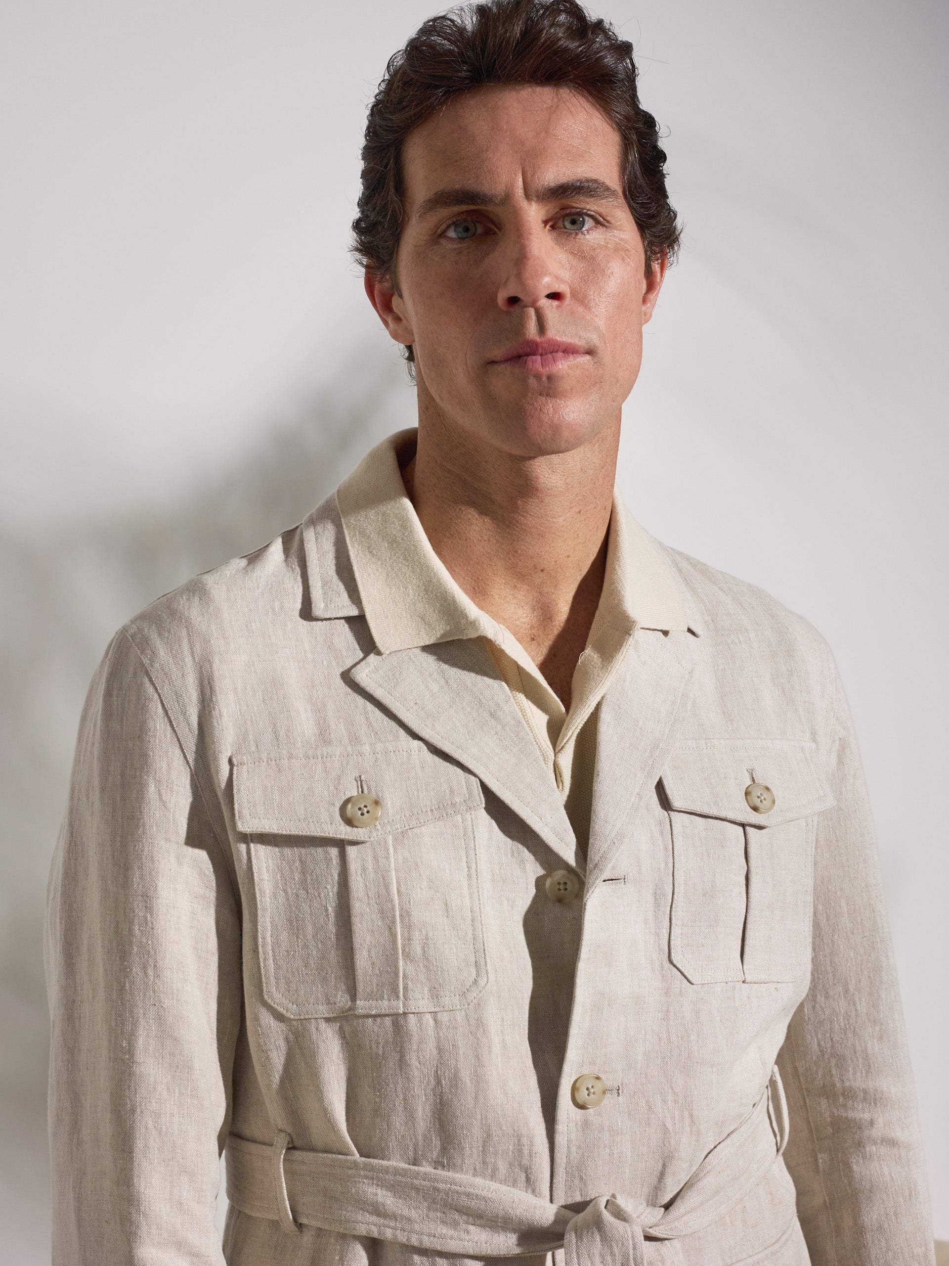 Unique beige safari jacket with belt