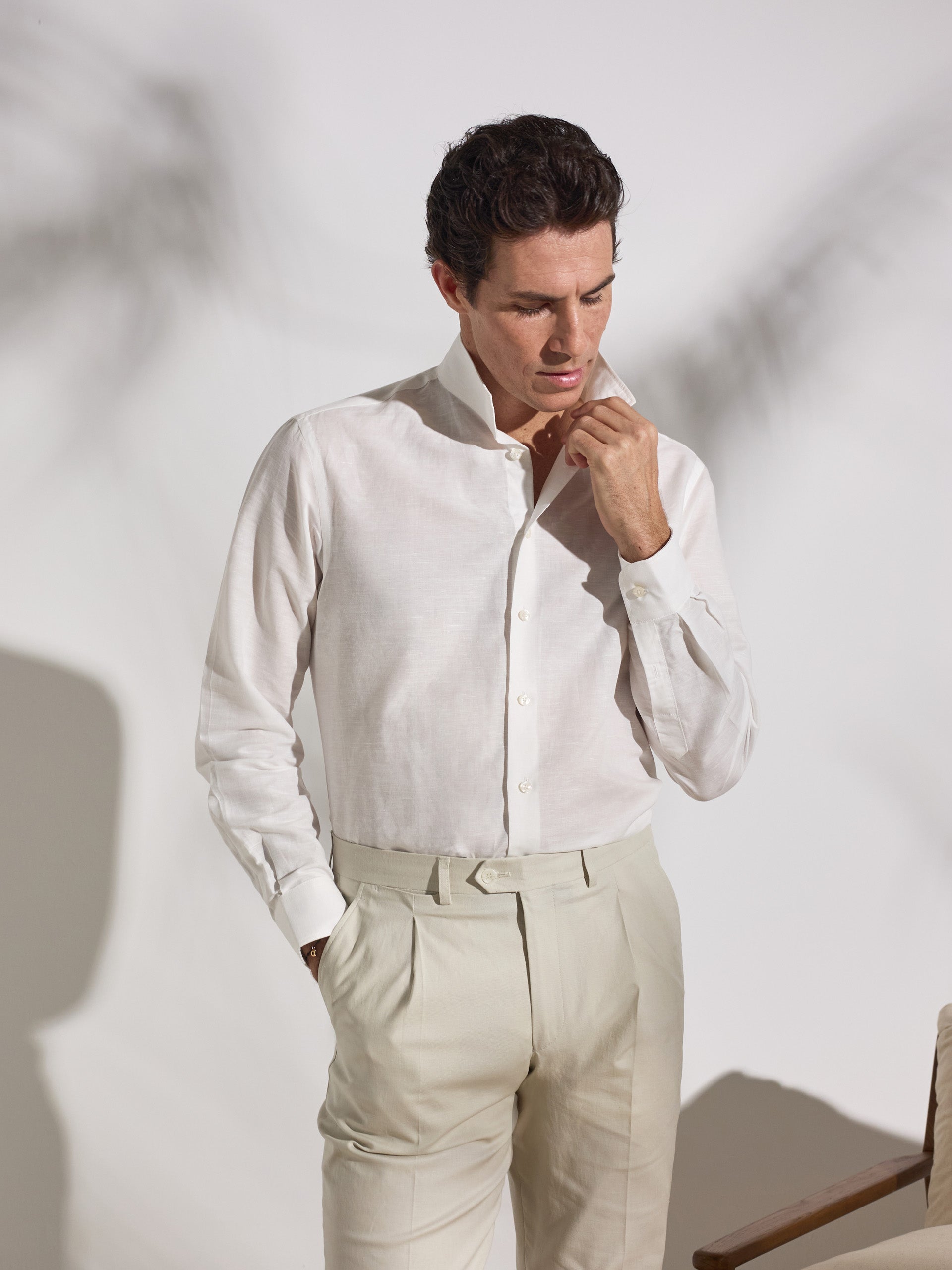 Unique white linen high-neck shirt