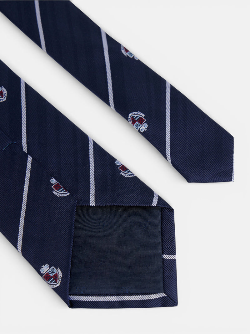 Corbata rayas escudos azul oscuro