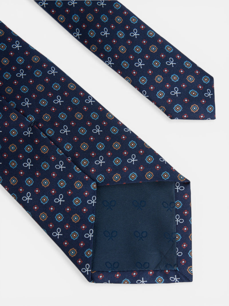 Navy blue tie with geometric racket motifs