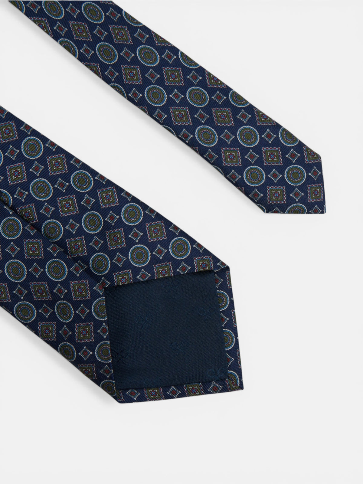 Blue geometric tie with mini figures