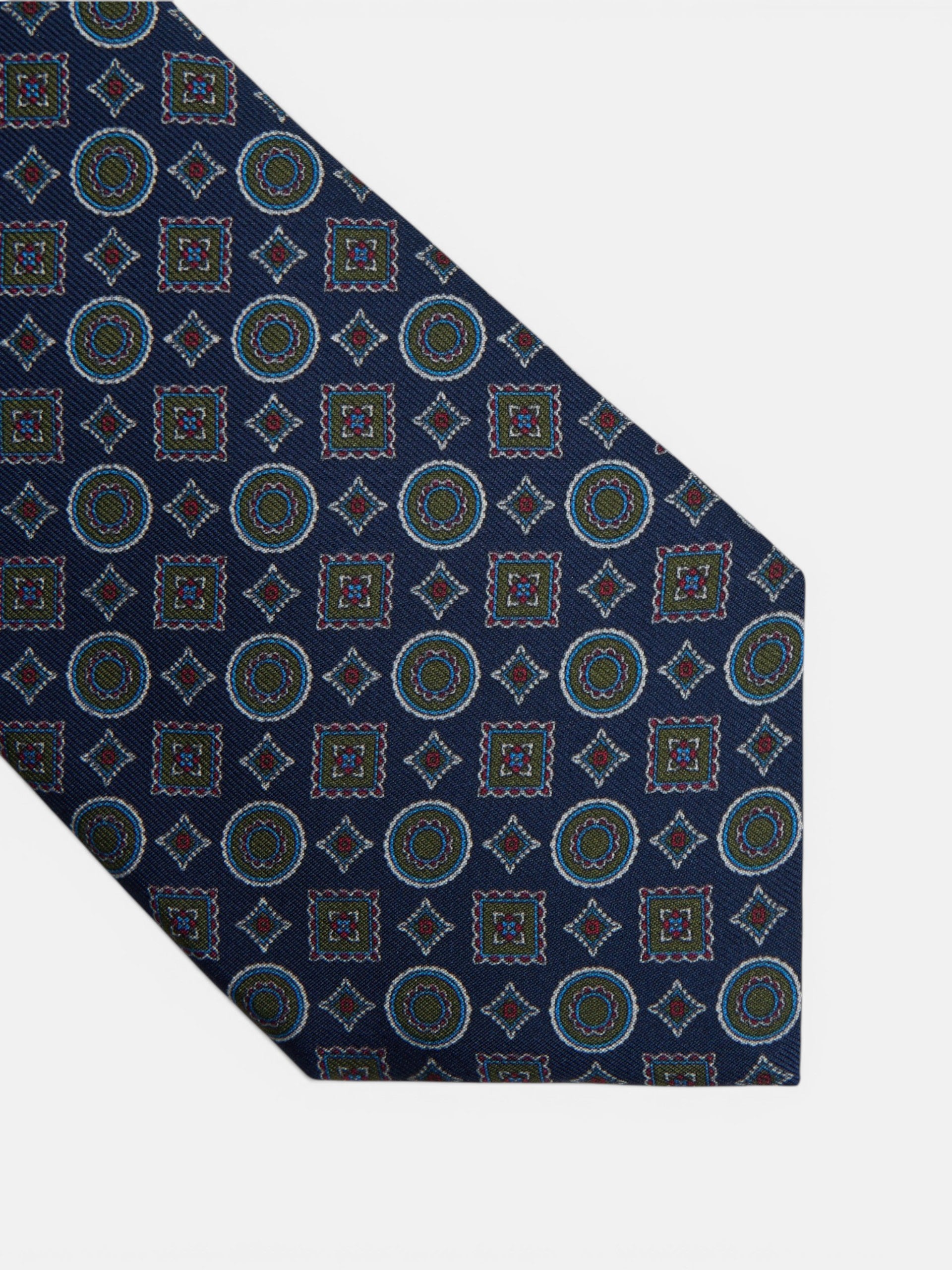 Blue geometric tie with mini figures