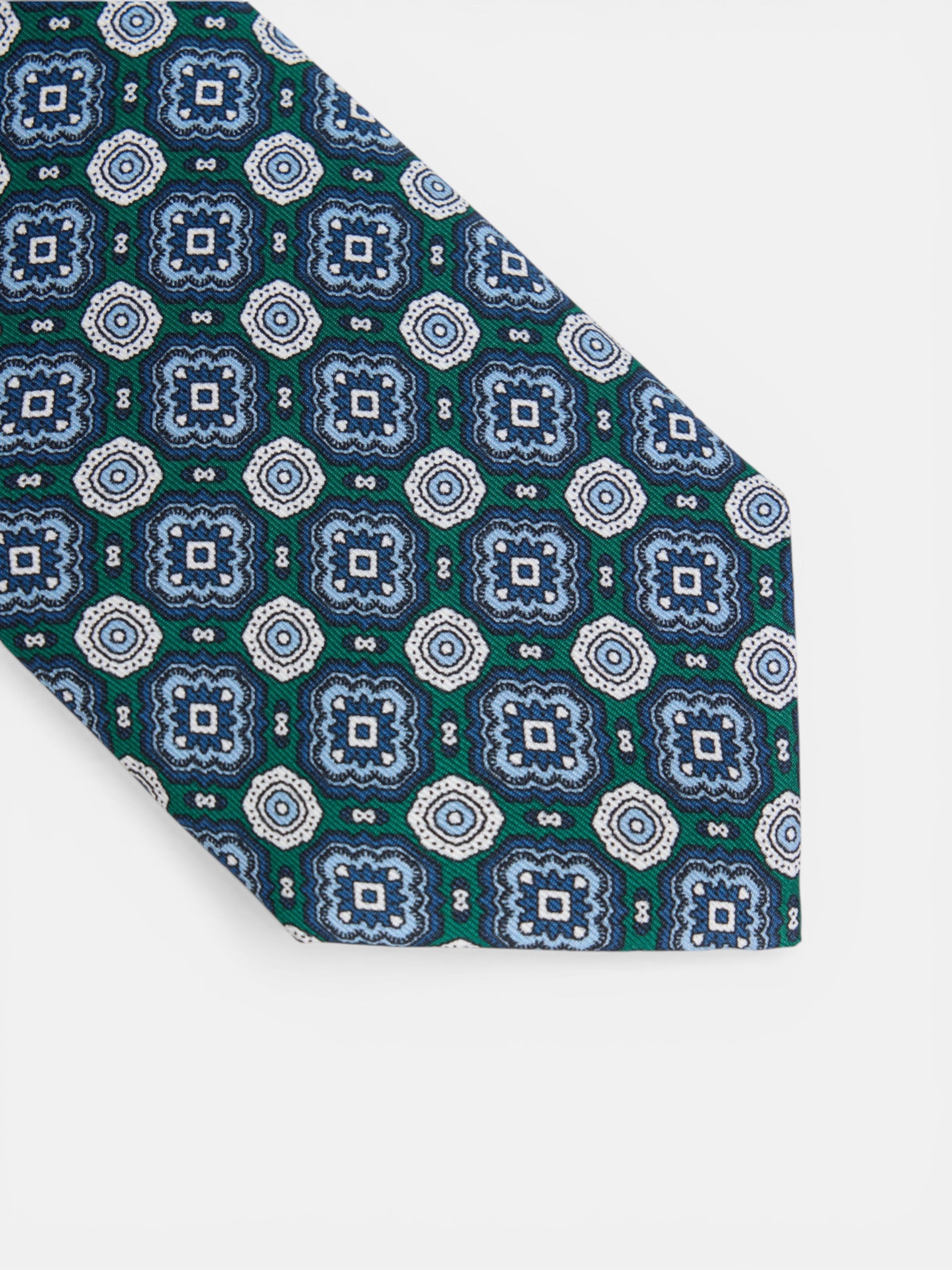 Cravate en soie motif carreaux de faïence verts