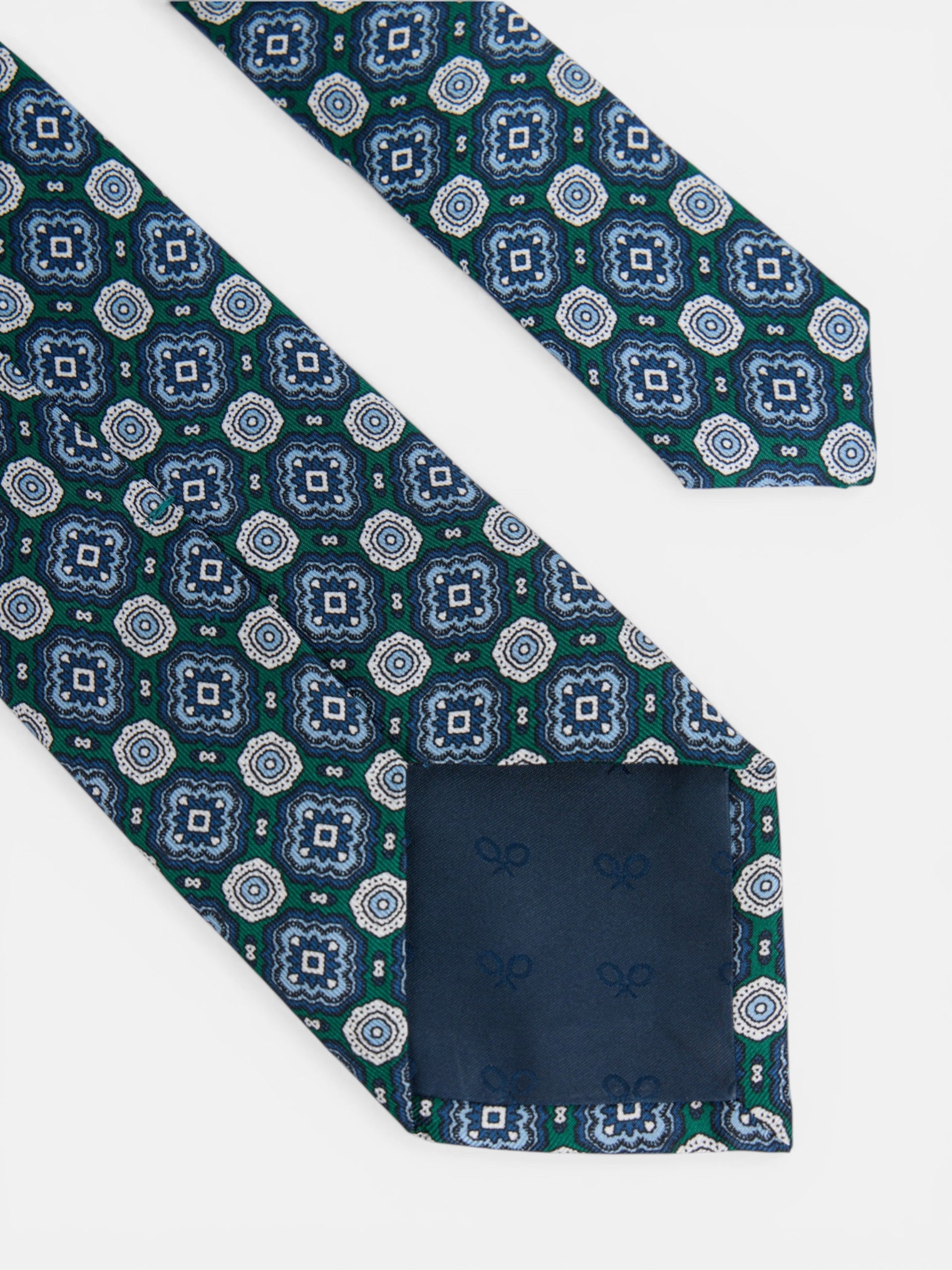 Cravate en soie motif carreaux de faïence verts