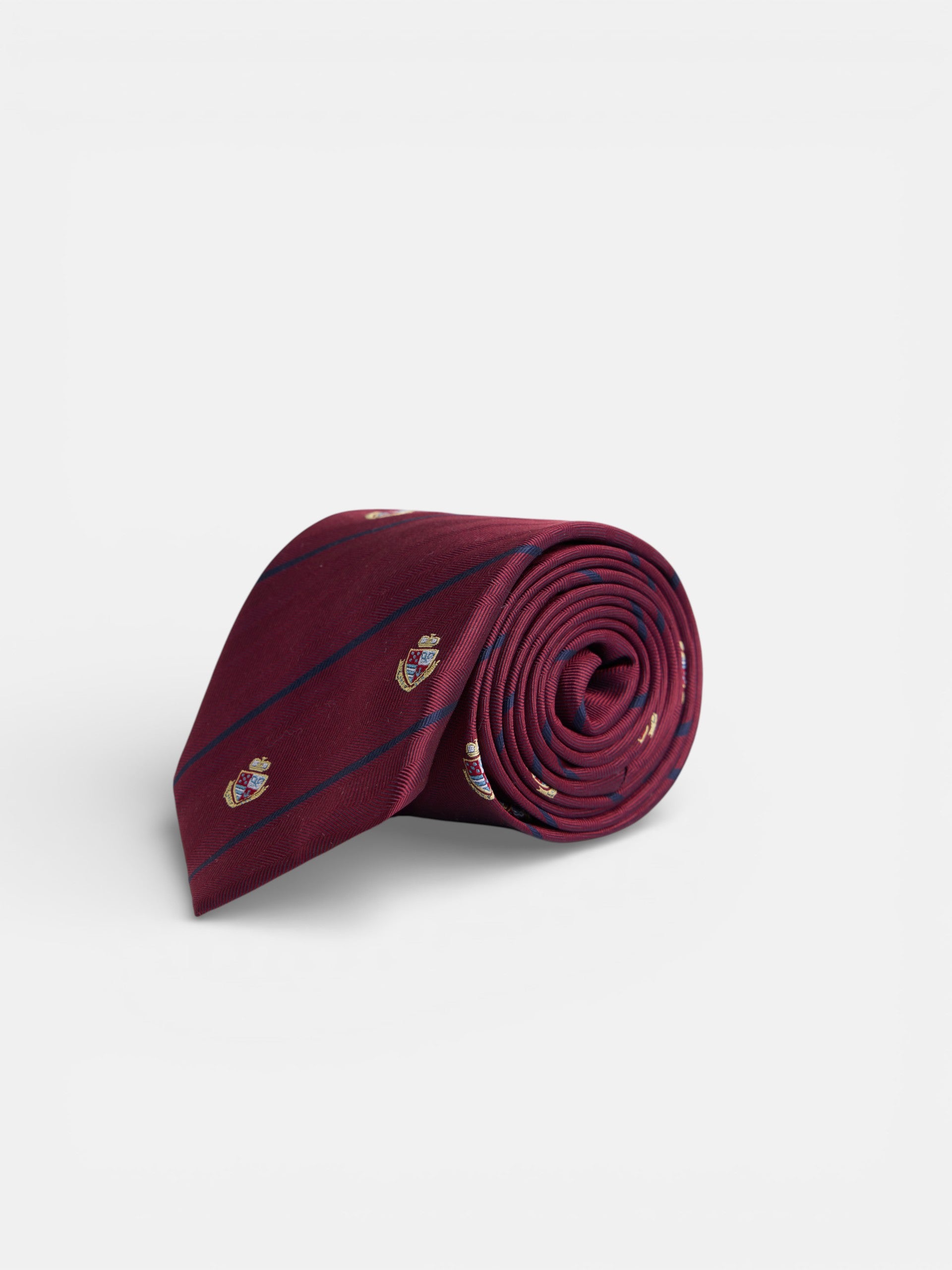 Burgundy striped tie with crests