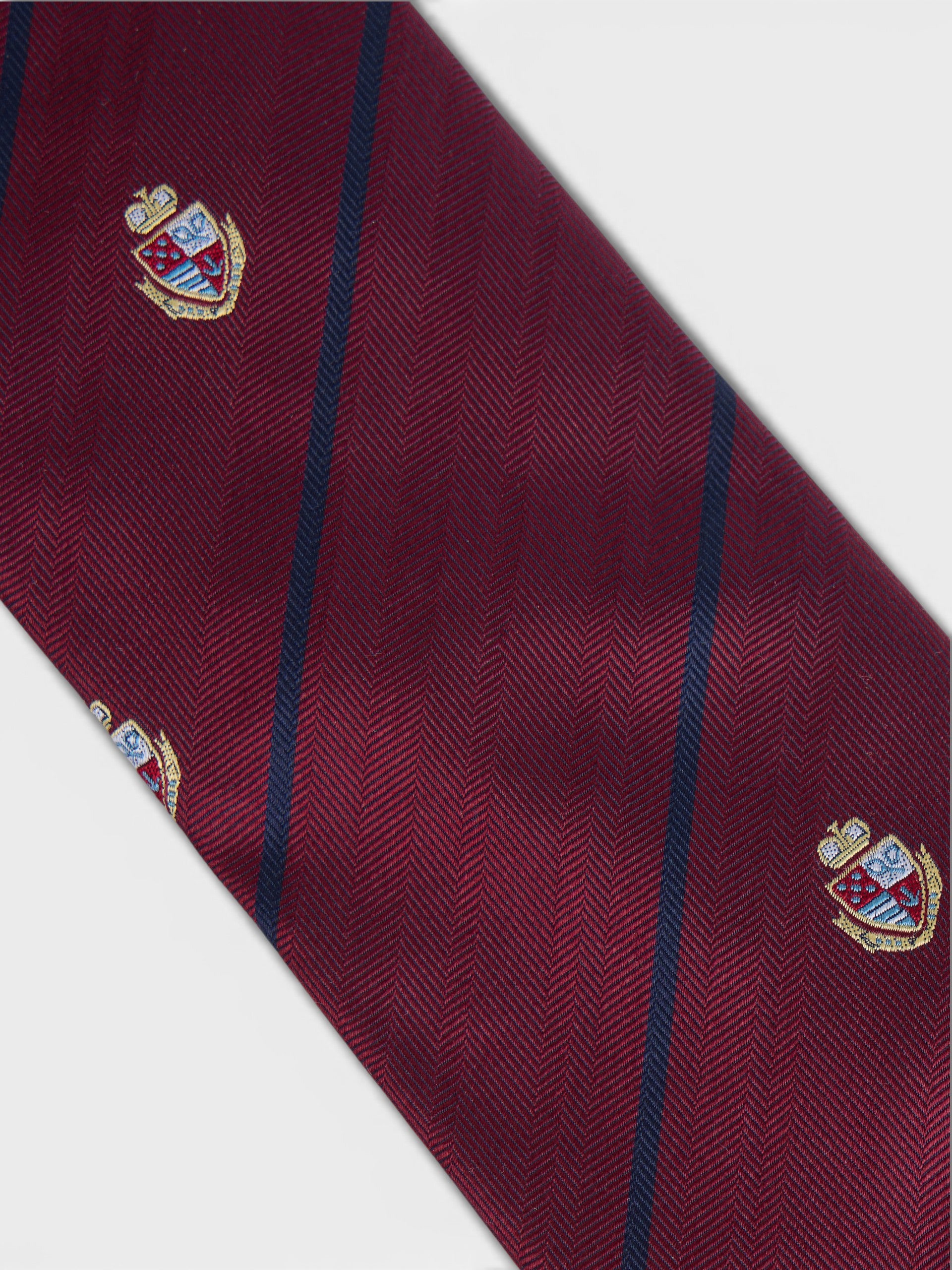 Burgundy striped tie with crests