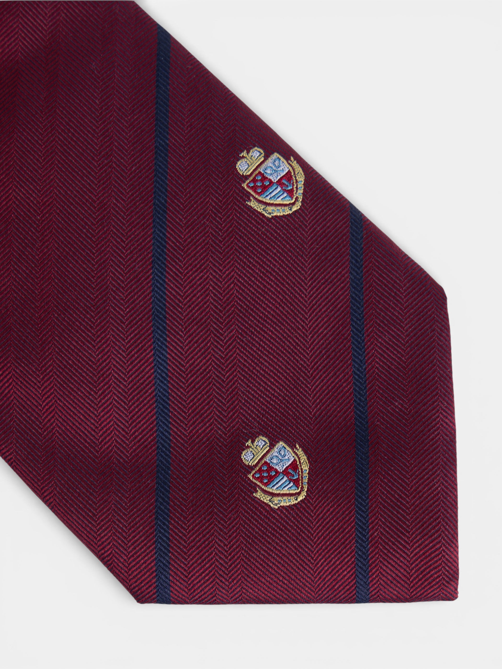 Burgundy striped tie with crests