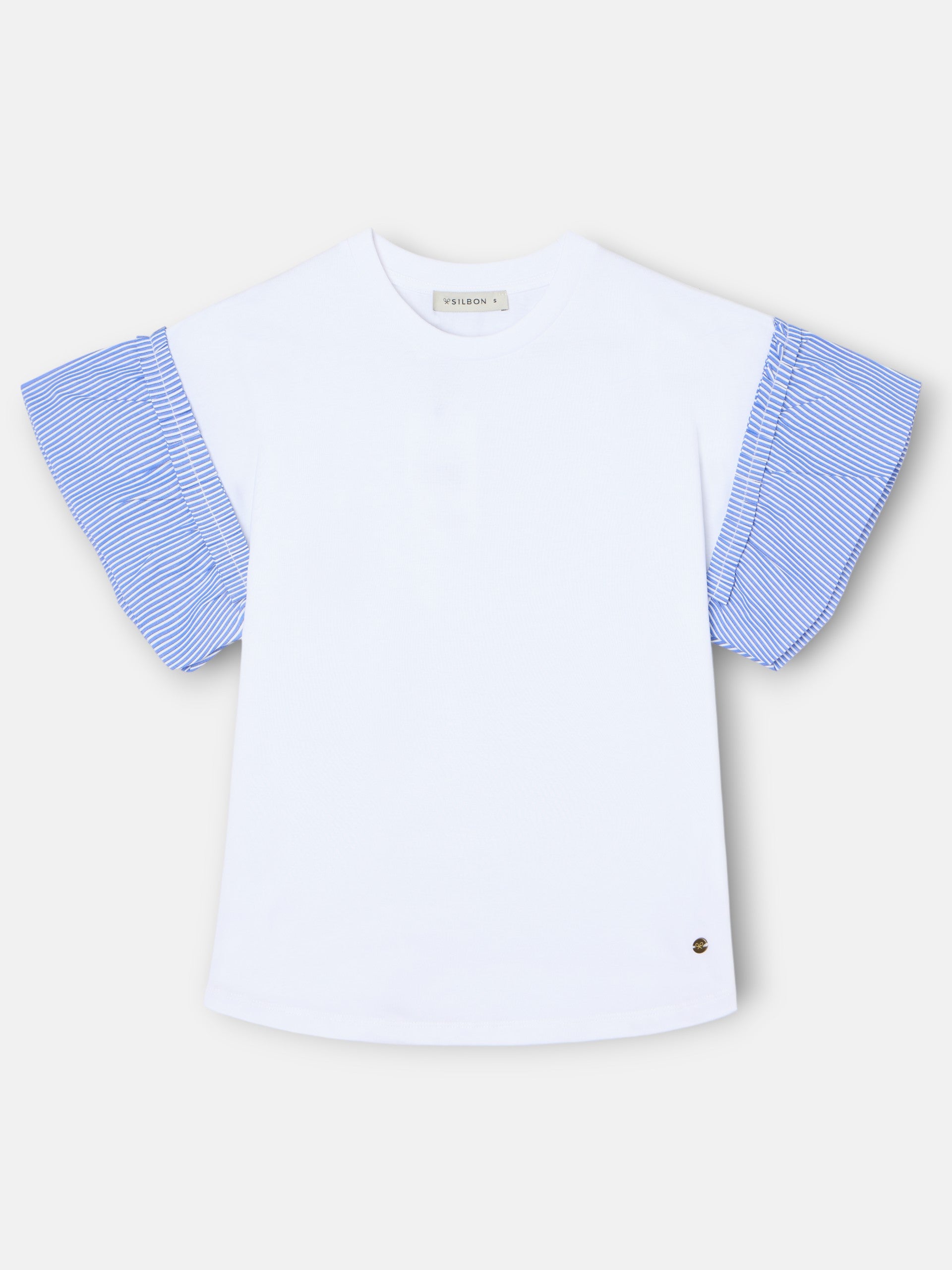 Camiseta mulher com folhos em popelina às riscas branca