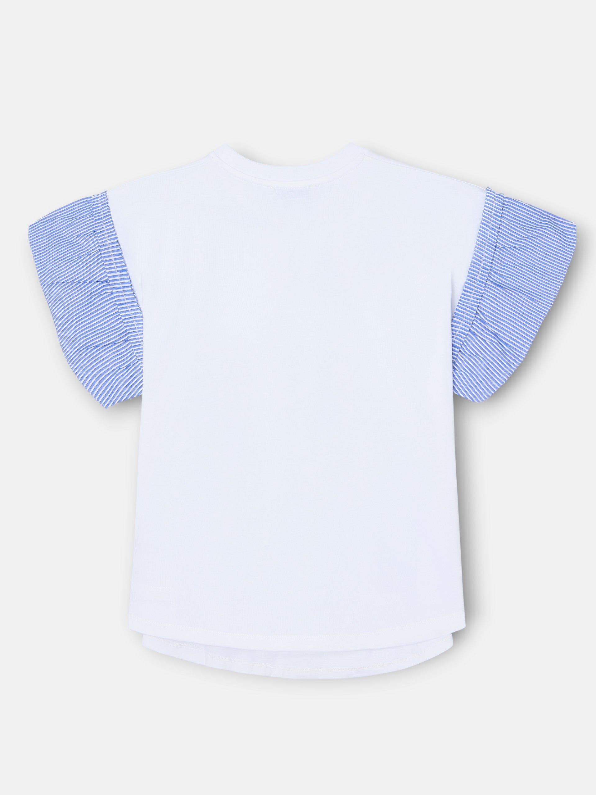 Camiseta mulher com folhos em popelina às riscas branca