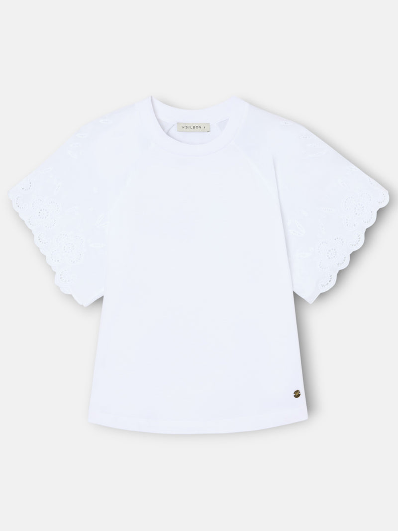 T-shirt femme à volants brodés blanche
