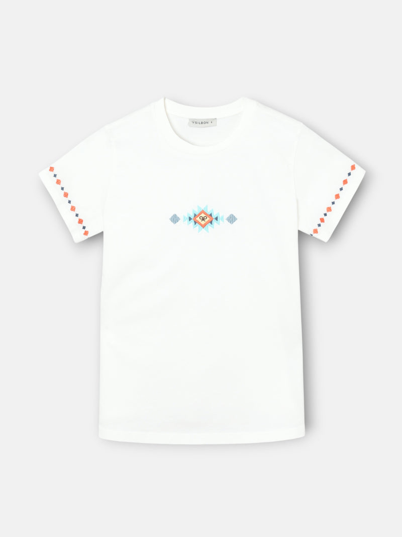 Camiseta woman bordados ikat blanca