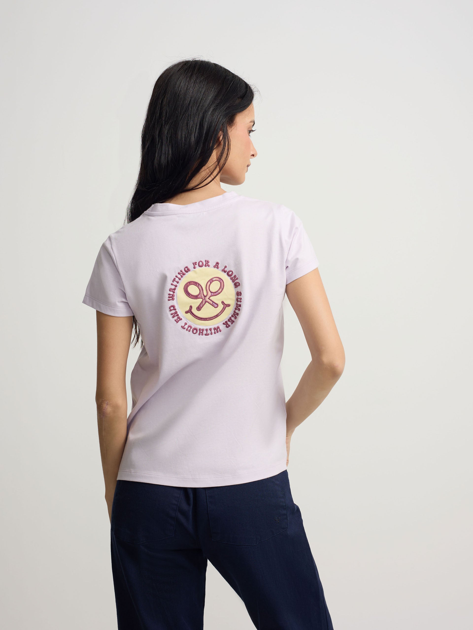 Woman smile t-shirt with purple print