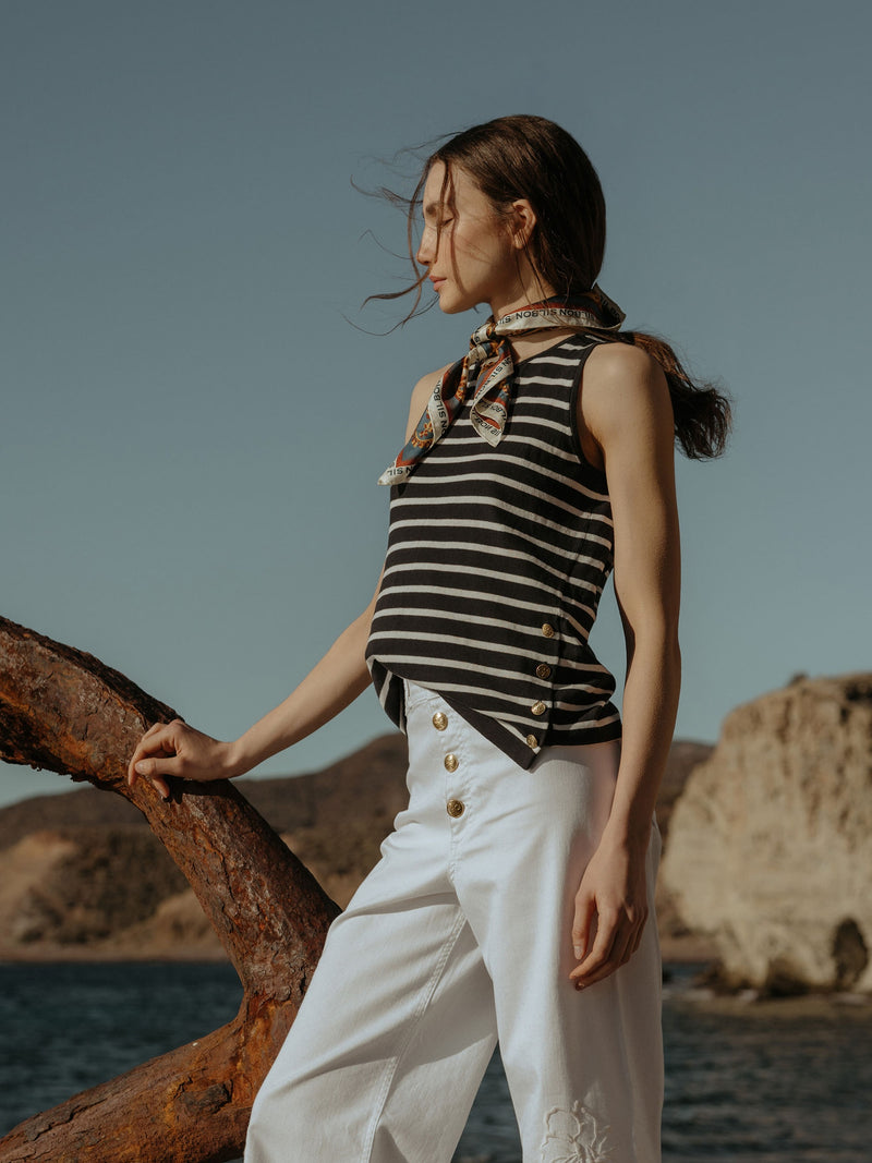 Navy and ecru striped knit t-shirt