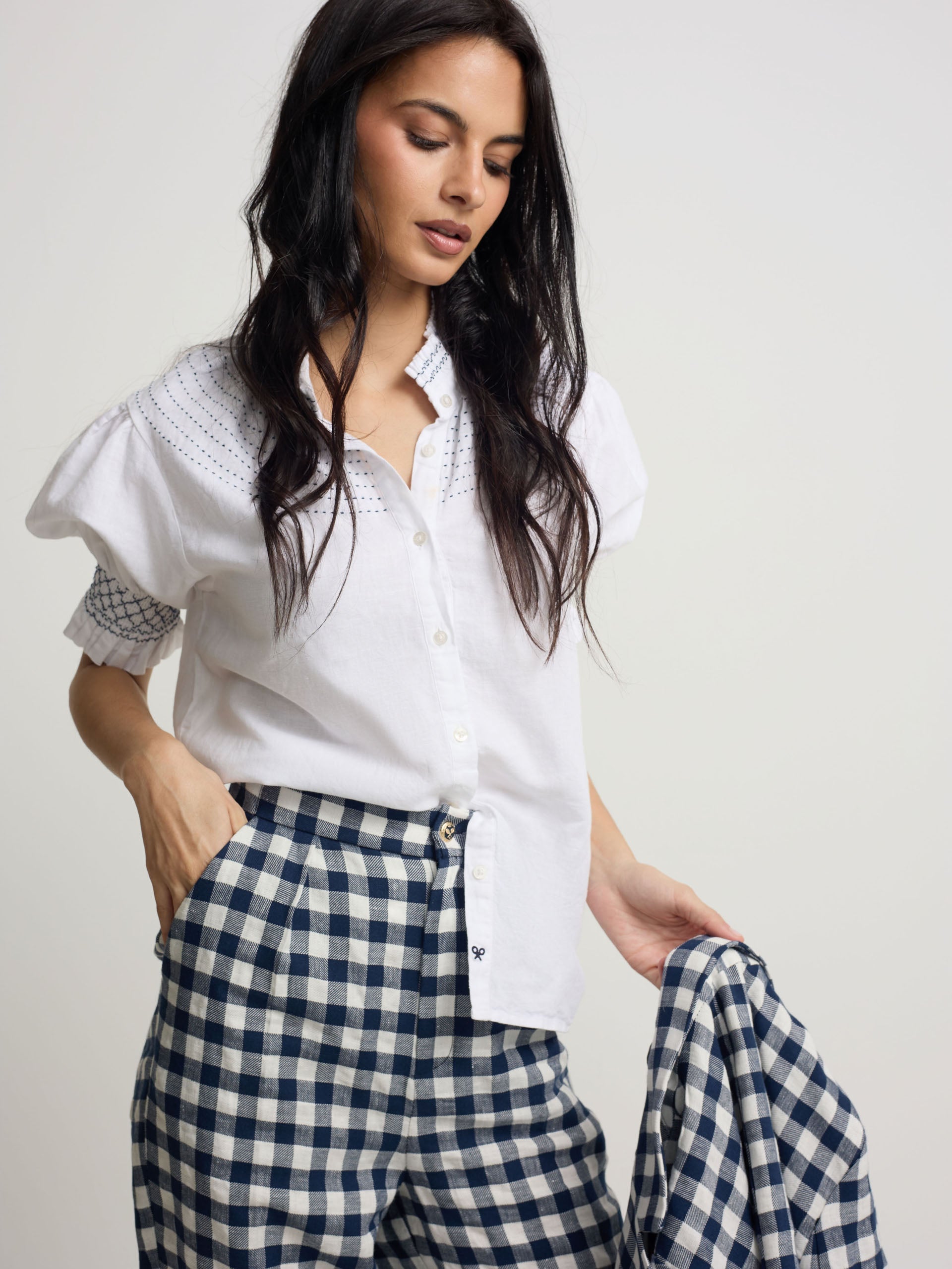 white linen short-sleeved ruched shirt
