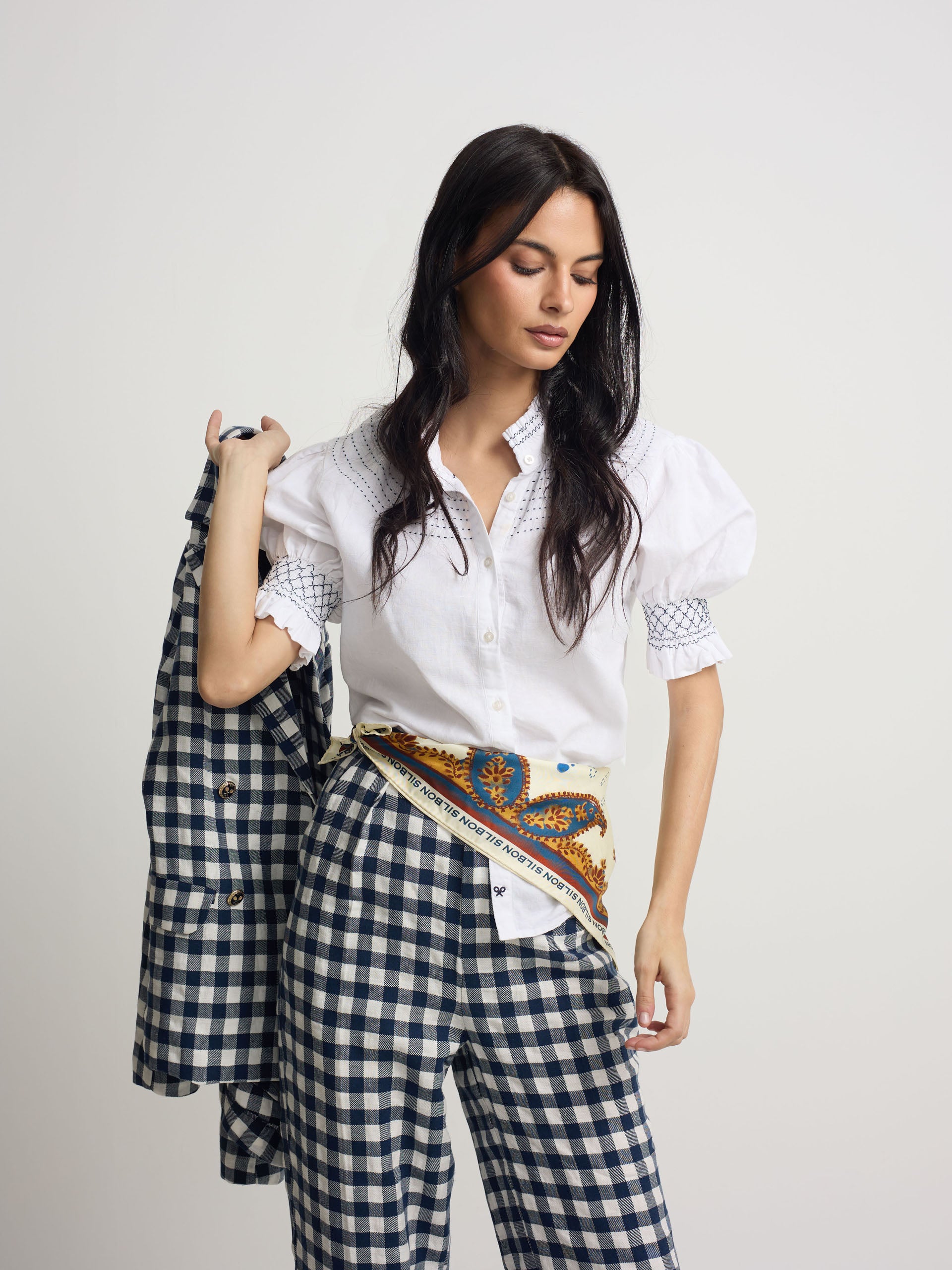 white linen short-sleeved ruched shirt