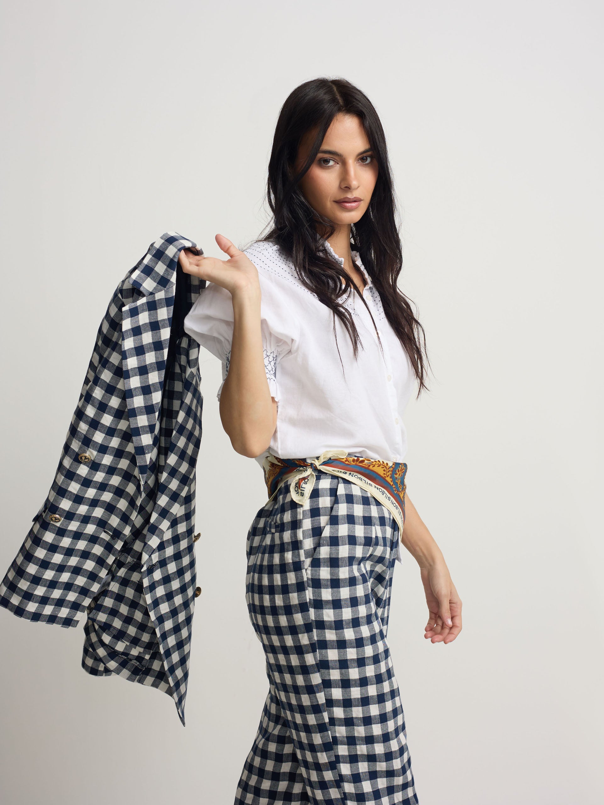 white linen short-sleeved ruched shirt